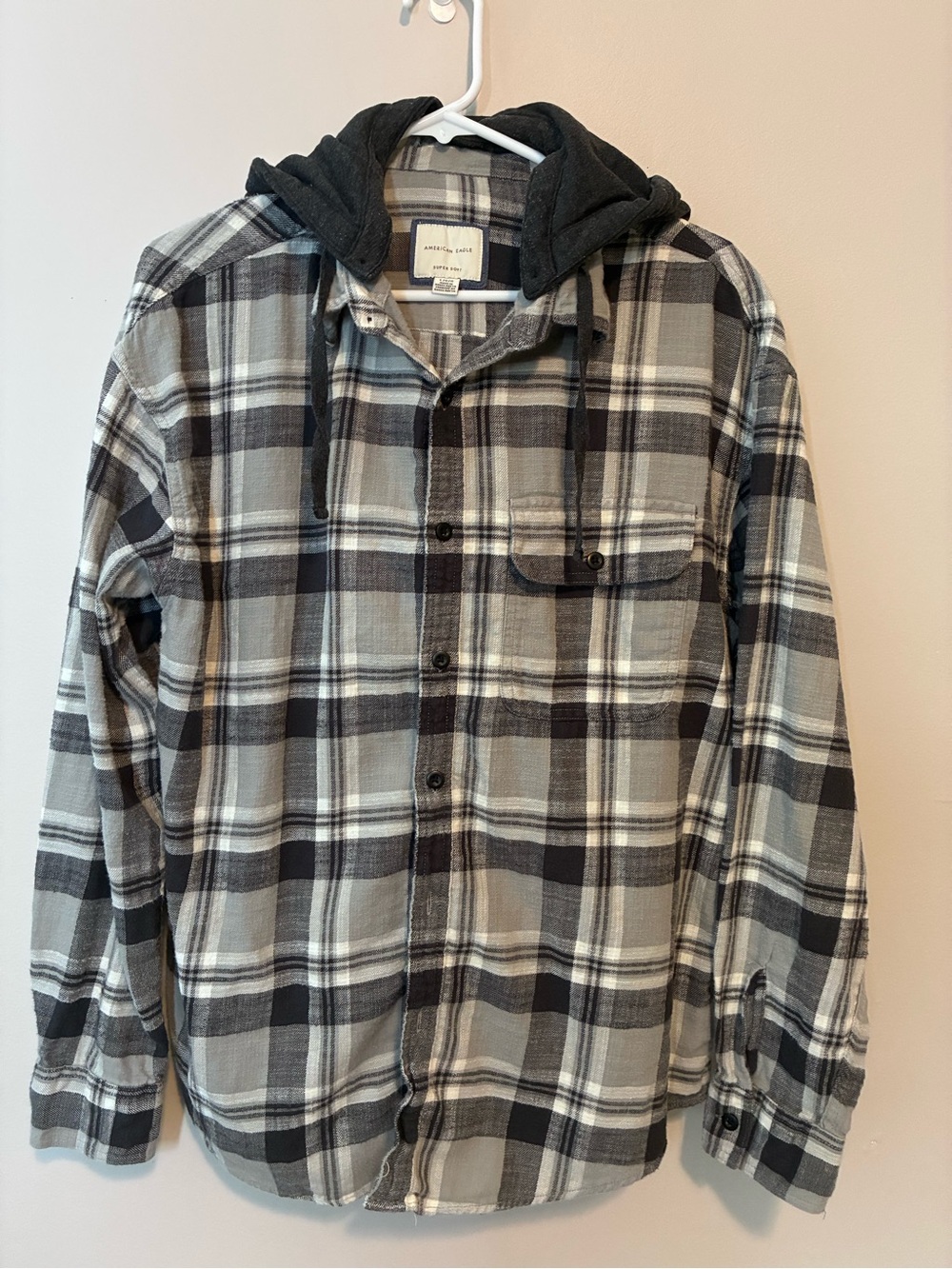 American Eagle Super Soft Hooded Flannel Shirt Large Gray Black Plaid Button Up